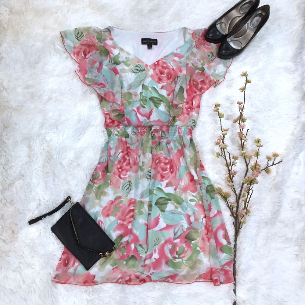 Floral Rose Flutter Sleeve Sheath Dress SZ 6